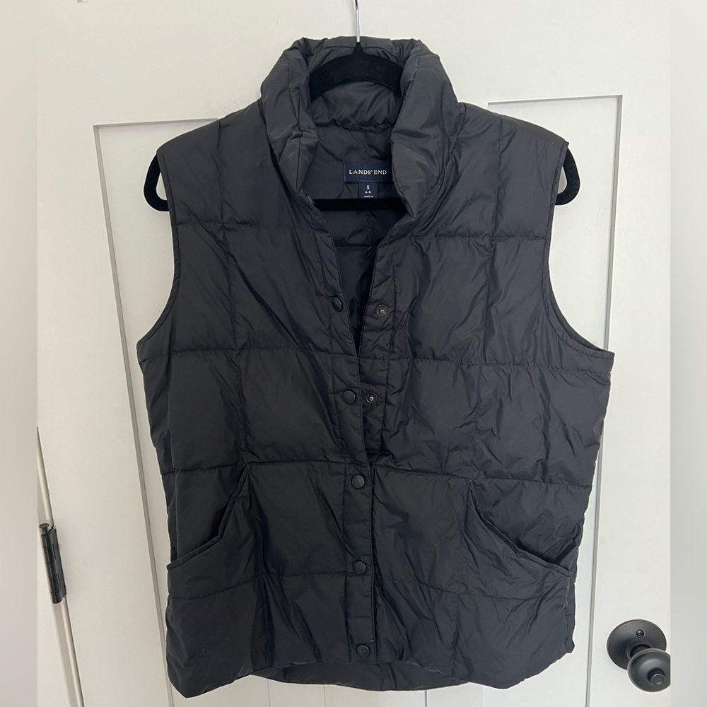 Lands End Quilted Vest Jacket Snap Up Lightweight Black Down Fill Size S (6-8)